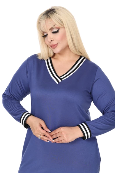 Melsay Butik İndigo Yakası Şeritli V Yaka Uzun Kol İki İplik Elbise - Resim 5