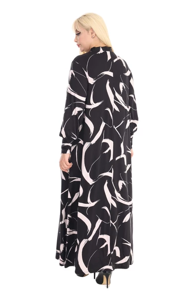 Melsay Butik Fularlı Beyaz Tüy Desen Uzun Kollu Büyük Beden Kadın Elbise - 6