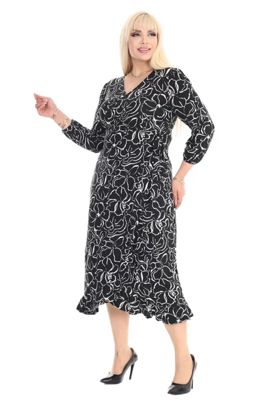 Melsay Butik Kruvaze Yaka Siyah Çiçek Desen Anvelop Etek Midi Elbise - Resim 3