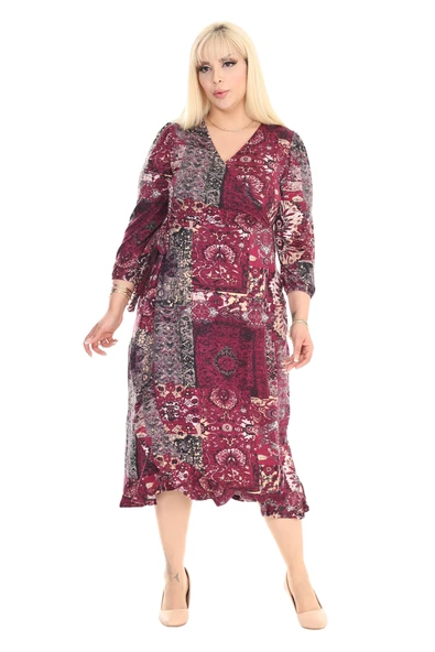 Melsay Butik Kruvaze Yaka Bordo Etnik Desen Anvelop Etek Midi Elbise - 5