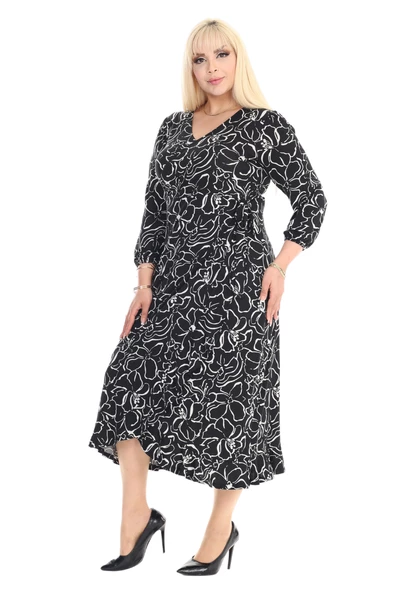 Melsay Butik Kruvaze Yaka Siyah Çiçek Desen Anvelop Etek Midi Elbise - Resim 2