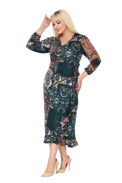 Melsay Butik Kruvaze Yaka Yeşil Etnik Desen Anvelop Etek Midi Elbise - Resim 4