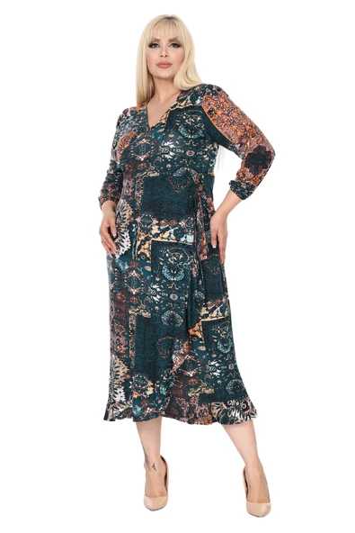Melsay Butik Kruvaze Yaka Yeşil Etnik Desen Anvelop Etek Midi Elbise - Resim 2