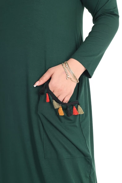 Melsay Butik Püsküllü Cepli Kadın Uzun Kollu Zümrüt Yeşili Tesettür Elbise - Resim 5