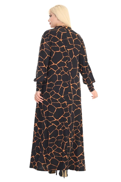 Melsay Butik Fularlı Siyah Taş Desen Uzun Kollu Büyük Beden Kadın Elbise - 6