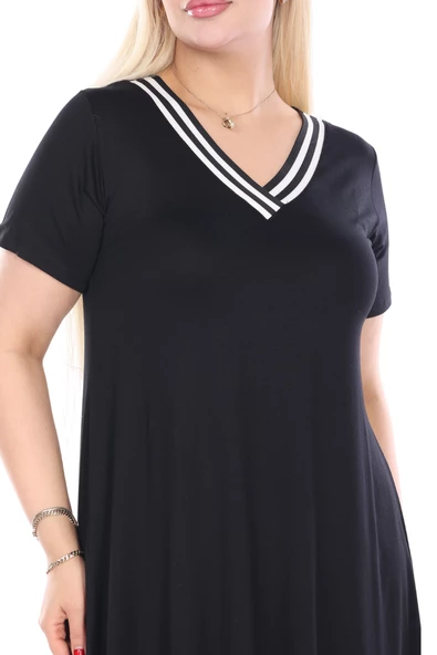 Melsay Butik Siyah V Yaka Yakası Şeritli Asimetrik Kısa Kollu Elbise - 6