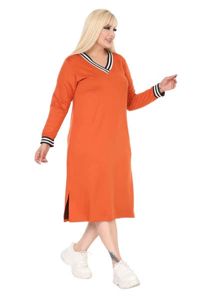 Melsay Butik Turuncu Yakası Şeritli V Yaka Uzun Kol İki İplik Elbise - 3