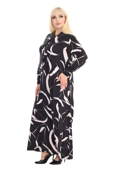 Melsay Butik Fularlı Beyaz Tüy Desen Uzun Kollu Büyük Beden Kadın Elbise - 3