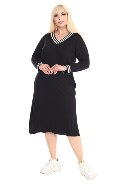Melsay Butik Uzun Kollu Siyah Yakası Şeritli V Yaka Midi Elbise - 1