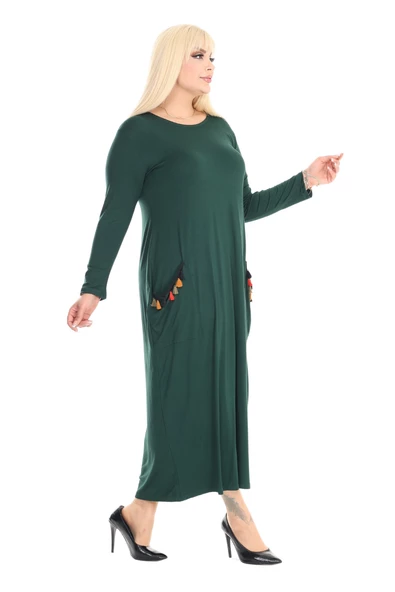 Melsay Butik Püsküllü Cepli Kadın Uzun Kollu Zümrüt Yeşili Tesettür Elbise - Resim 2