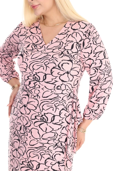 Melsay Butik Kruvaze Yaka Vizon Çiçek Desen Anvelop Etek Midi Elbise - Resim 5