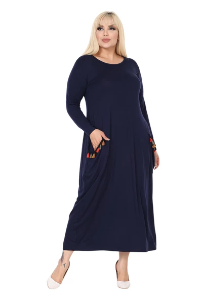 Melsay Butik Püsküllü Cepli Kadın Uzun Kollu Lacivert Tesettür Elbise - Resim 2
