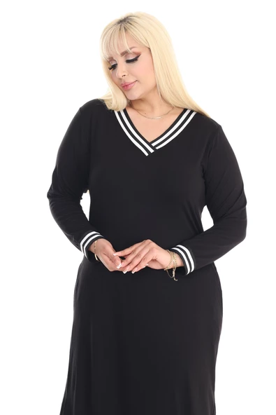 Melsay Butik Uzun Kollu Siyah Yakası Şeritli V Yaka Midi Elbise - 5