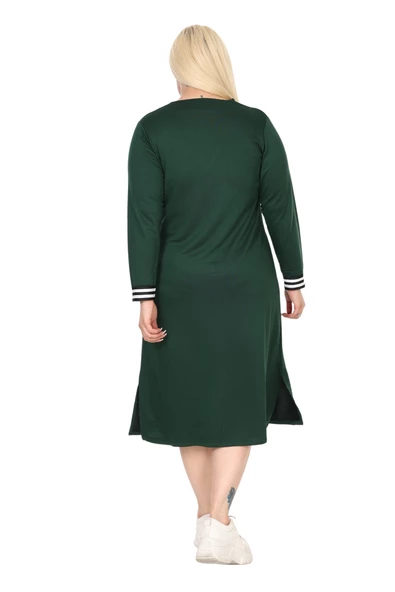 Melsay Butik Zümrüt Yeşili Yakası Şeritli V Yaka Uzun Kol İki İplik Elbise - Resim 6