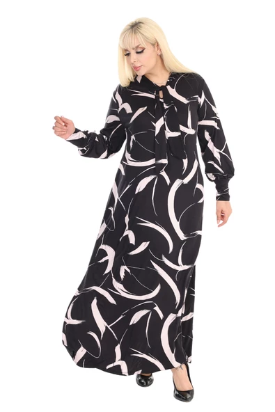 Melsay Butik Fularlı Beyaz Tüy Desen Uzun Kollu Büyük Beden Kadın Elbise - 4