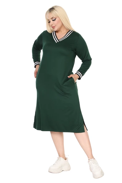 Melsay Butik Zümrüt Yeşili Yakası Şeritli V Yaka Uzun Kol İki İplik Elbise - Resim 4