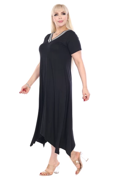 Melsay Butik Siyah V Yaka Yakası Şeritli Asimetrik Kısa Kollu Elbise - 2