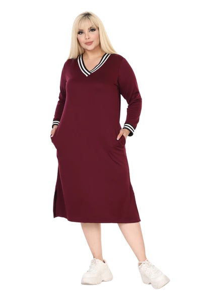 Melsay Butik Bordo Yakası Şeritli V Yaka Uzun Kol İki İplik Elbise - 2