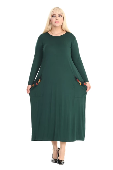 Melsay Butik Püsküllü Cepli Kadın Uzun Kollu Zümrüt Yeşili Tesettür Elbise ürün görseli