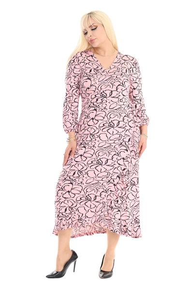 Melsay Butik Kruvaze Yaka Vizon Çiçek Desen Anvelop Etek Midi Elbise - Resim 3