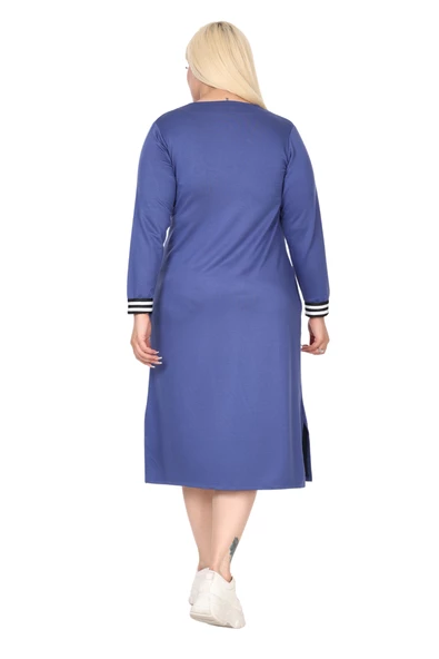 Melsay Butik İndigo Yakası Şeritli V Yaka Uzun Kol İki İplik Elbise - Resim 6