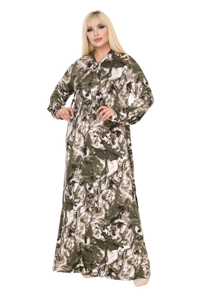 Melsay Butik Fularlı Yeşil Batik Desen Uzun Kollu Büyük Beden Kadın Elbise - Resim 2