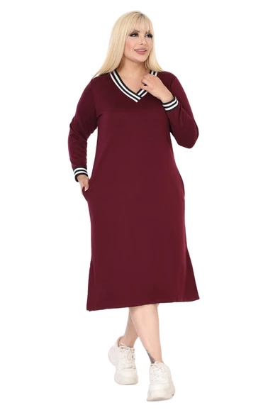 Melsay Butik Bordo Yakası Şeritli V Yaka Uzun Kol İki İplik Elbise - 4