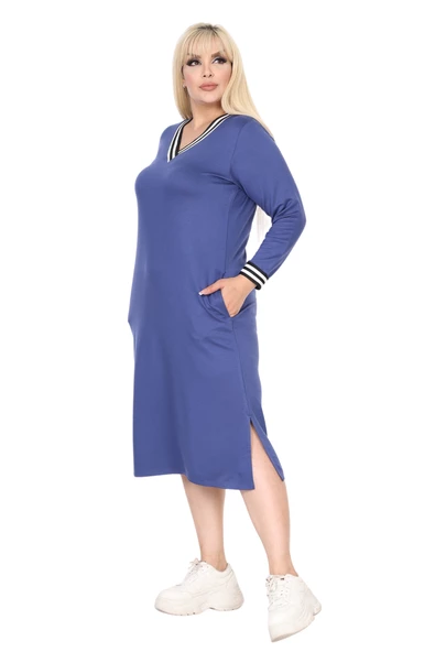 Melsay Butik İndigo Yakası Şeritli V Yaka Uzun Kol İki İplik Elbise - Resim 4