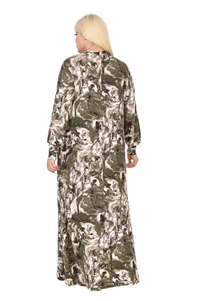 Melsay Butik Fularlı Yeşil Batik Desen Uzun Kollu Büyük Beden Kadın Elbise - Resim 6