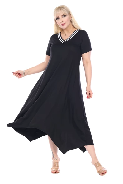Melsay Butik Siyah V Yaka Yakası Şeritli Asimetrik Kısa Kollu Elbise - 4