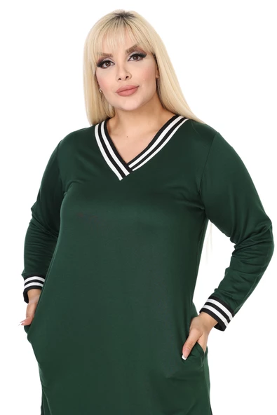 Melsay Butik Zümrüt Yeşili Yakası Şeritli V Yaka Uzun Kol İki İplik Elbise - Resim 5