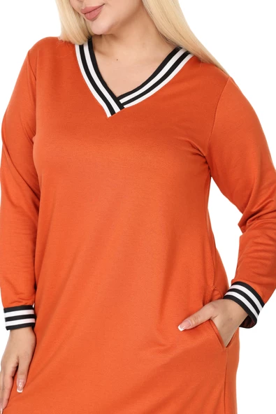 Melsay Butik Turuncu Yakası Şeritli V Yaka Uzun Kol İki İplik Elbise - 5