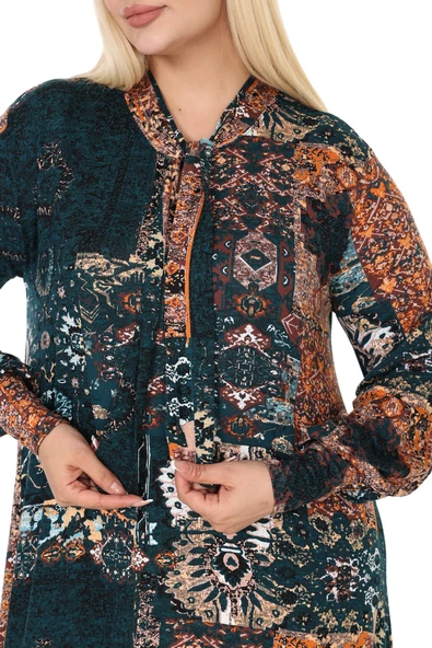 Melsay Butik Fularlı Petrol Etnik Desen Uzun Kollu Büyük Beden Kadın Elbise - 5
