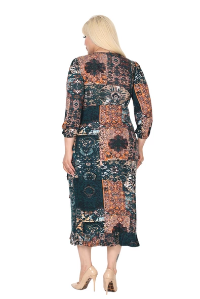 Melsay Butik Kruvaze Yaka Yeşil Etnik Desen Anvelop Etek Midi Elbise - Resim 6