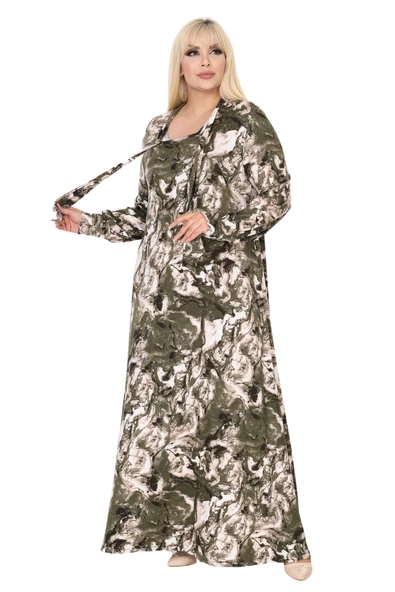 Melsay Butik Fularlı Yeşil Batik Desen Uzun Kollu Büyük Beden Kadın Elbise - Resim 3