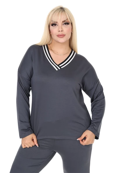 Melsay Butik Antrasit V Yaka Yakası Şerit Detaylı Eşofman Takımı - Resim 5