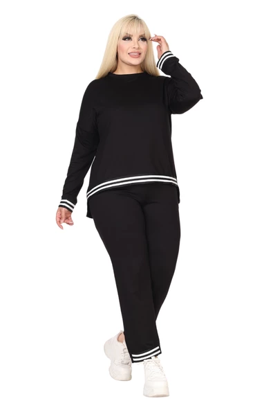 Melsay Butik Siyah Bisiklet Yaka Yakası Şerit Detaylı Eşofman Takımı - Resim 2