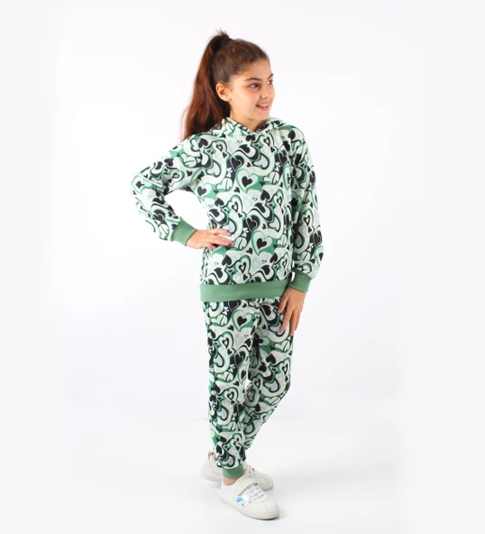 Triliya-Kız Çocuk Kapüşonlu Kapli Dijital Mevsimlik Eşofman Takımı- 4-12 Yaş - 4