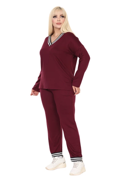 Melsay Butik Bordo V Yaka Yakası Şerit Detaylı Eşofman Takımı - Resim 2
