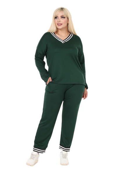 Melsay Butik Zümrüt Yeşili V Yaka Yakası Şerit Detaylı Eşofman Takımı - Resim 2