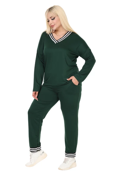 Melsay Butik Zümrüt Yeşili V Yaka Yakası Şerit Detaylı Eşofman Takımı - Resim 4