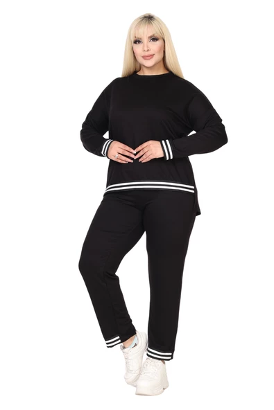 Melsay Butik Siyah Bisiklet Yaka Yakası Şerit Detaylı Eşofman Takımı - Resim 3