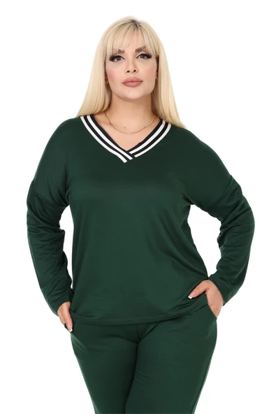 Melsay Butik Zümrüt Yeşili V Yaka Yakası Şerit Detaylı Eşofman Takımı - Resim 5