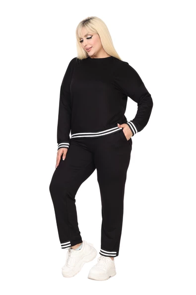 Melsay Butik Siyah Bisiklet Yaka Yakası Şerit Detaylı Eşofman Takımı - Resim 4