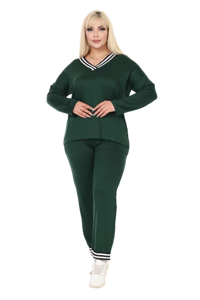 Melsay Butik Zümrüt Yeşili V Yaka Yakası Şerit Detaylı Eşofman Takımı - Resim 3