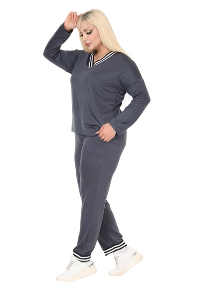 Melsay Butik Antrasit V Yaka Yakası Şerit Detaylı Eşofman Takımı - Resim 2