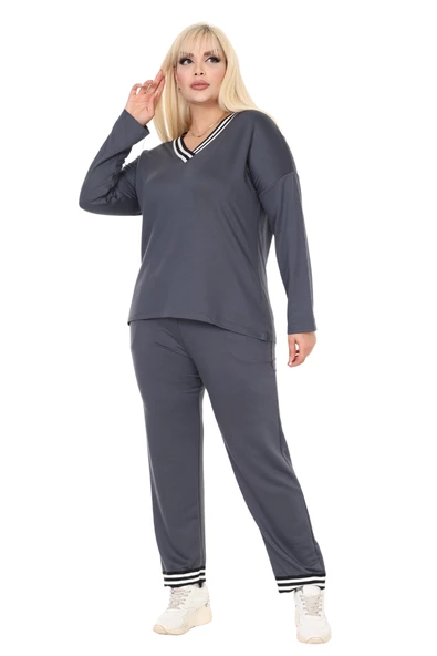 Melsay Butik Antrasit V Yaka Yakası Şerit Detaylı Eşofman Takımı - Resim 3