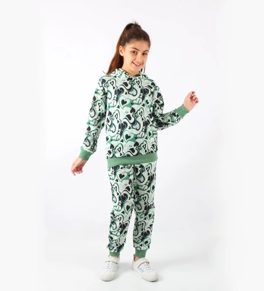 Triliya-Kız Çocuk Kapüşonlu Kapli Dijital Mevsimlik Eşofman Takımı- 4-12 Yaş - 2