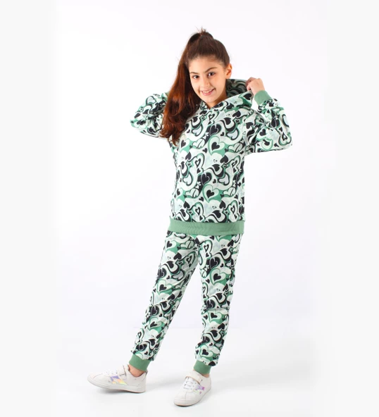 Triliya-Kız Çocuk Kapüşonlu Kapli Dijital Mevsimlik Eşofman Takımı- 4-12 Yaş - 5