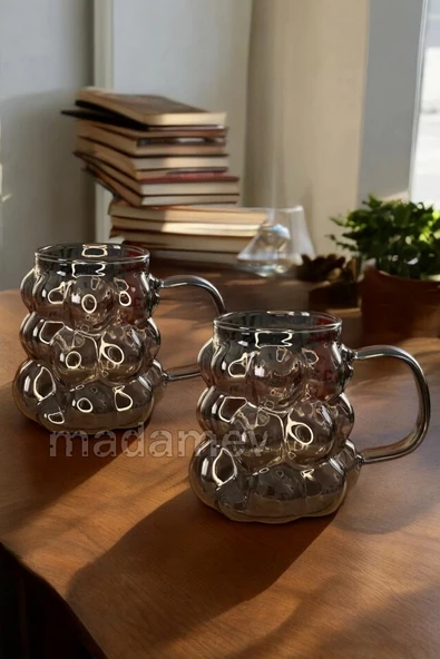 2li Füme Kulplu Üzüm Tanesi Boncuk Şekilli Cam Bardak 350ml Isıya Dayanıklı Kahve Sunum Bardağı - 3